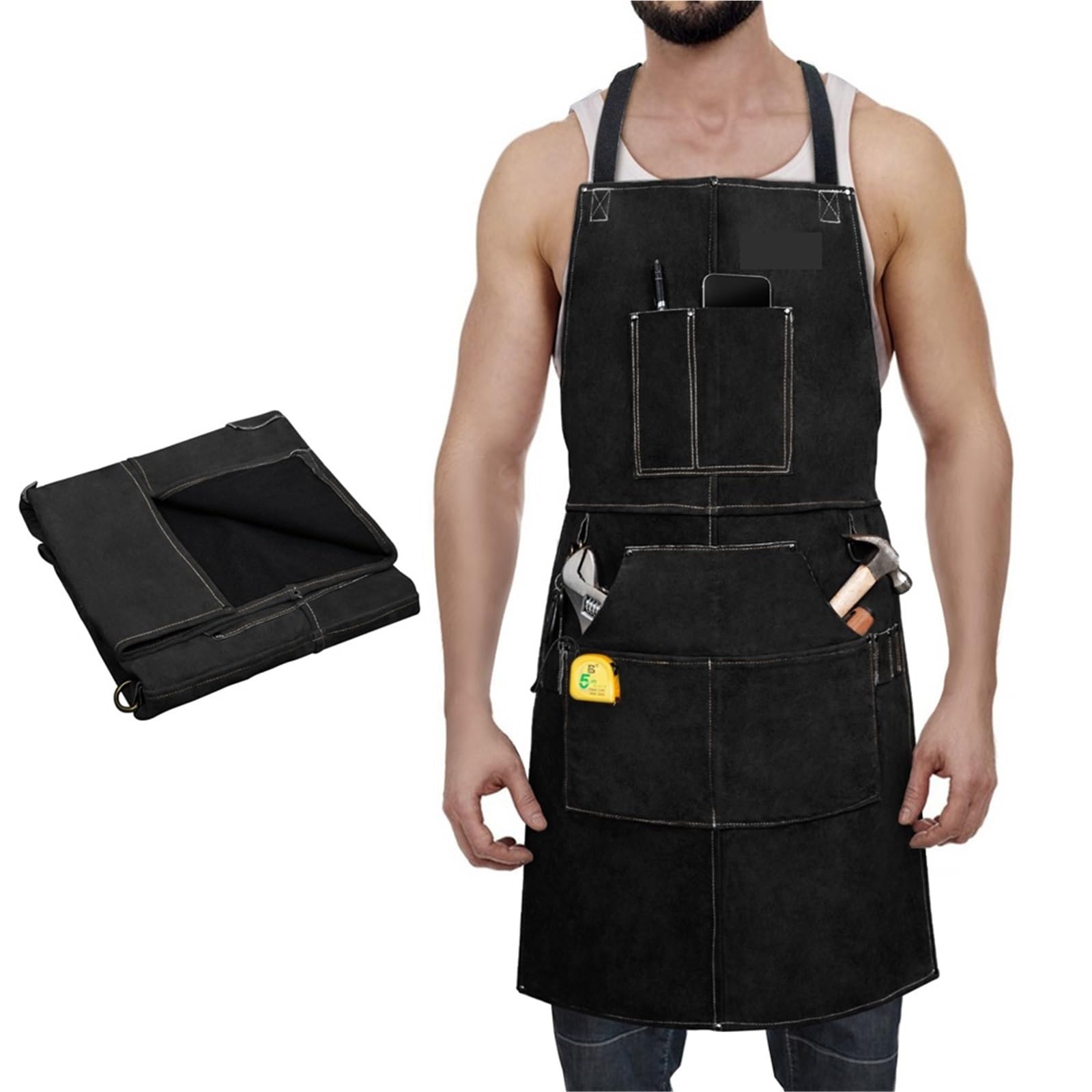 Tablier De Soudure Tablier de soudage Lavable en Cuir avec Isolation Thermique, vêtement de Protection for Soudure, Forgeron(Black)