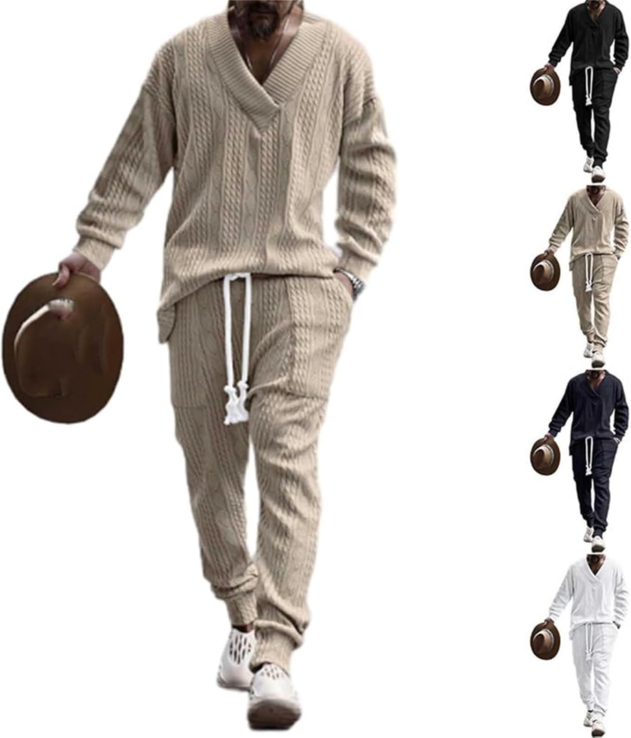 Cable Jacquard Set, Athleisure Men's V-Neck Long Sleeve Tops and Drawstring Jogging Suits 2 Piece Set, Men's Tracksuits