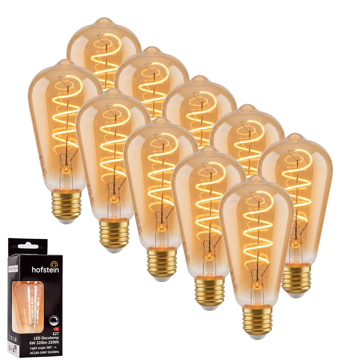 HOFSTEIN E27 LED Glühbirne Warmweiss 10er Set, Vintage Leuchtmittel Länglich Dimmbar, 6W, 320 Lumen, 2200 Kelvin, ST64, Dekorative Birne Bernsteinfarben für Wohnzimmer, Esszimmer, Schlafzimmer