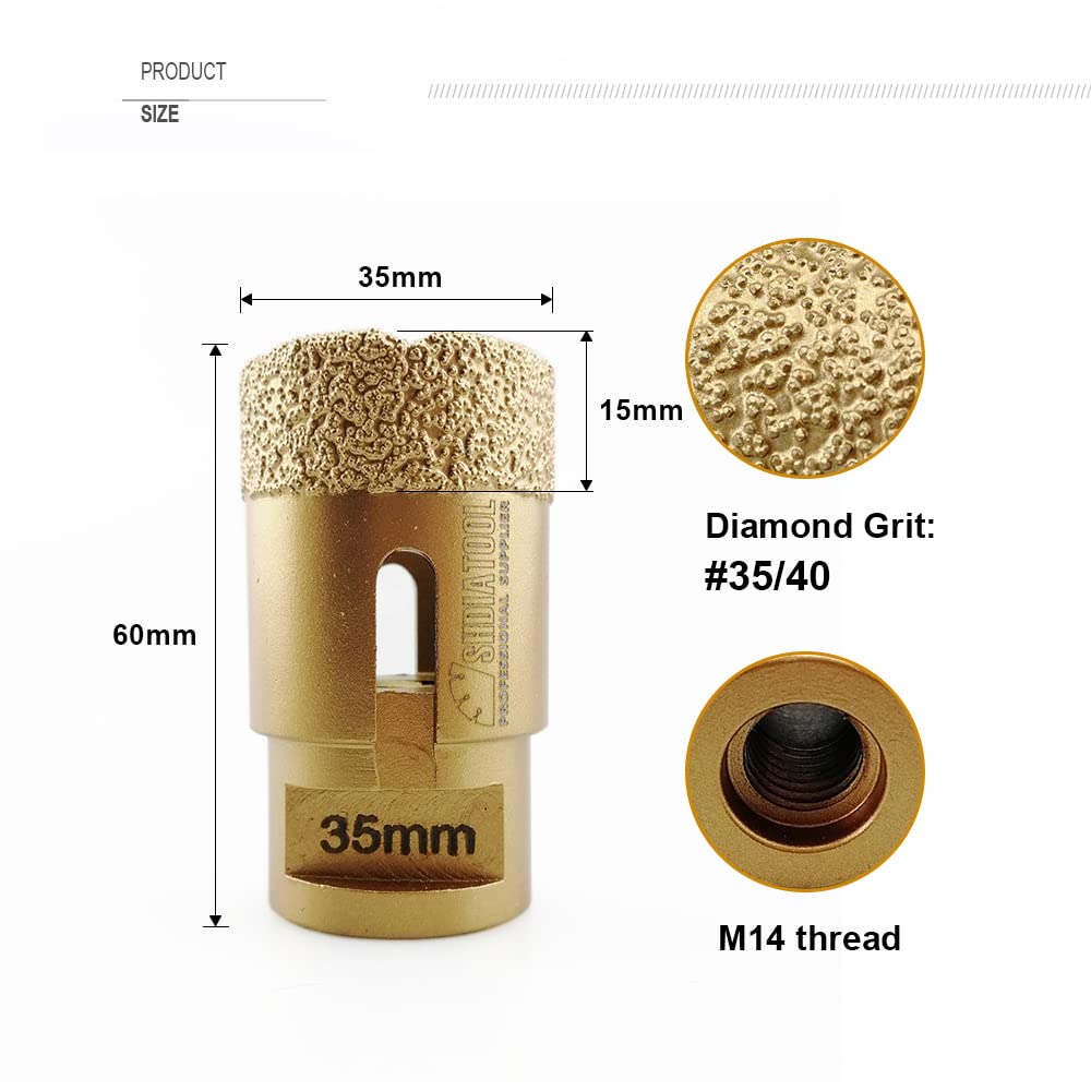 SHDIATOOL Punta per Trapano Diamantata 35mm Vacuum Brasato Foretto Diamantato con Filettatura M14 per Porcellana Piastrella Granito Marmo Taglio a Secco