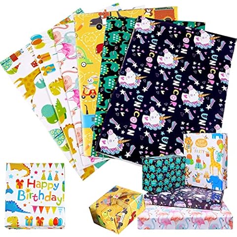 6 Hojas Papel de Regalo Niños de Dinosaurio Unicornio Cover