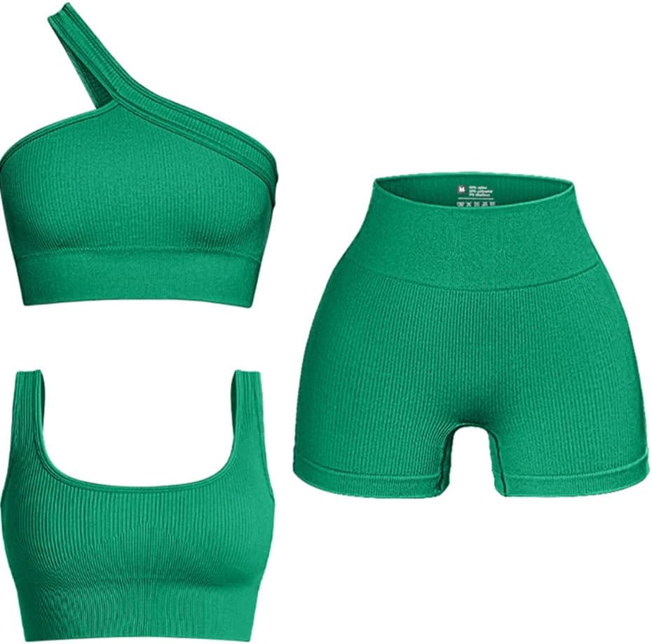 OQQWomen's 3 Piece Outfits Ribbed Seamless Exercise Scoop Neck Sports Bra One Shoulder Tops High Waist Shorts Active Set