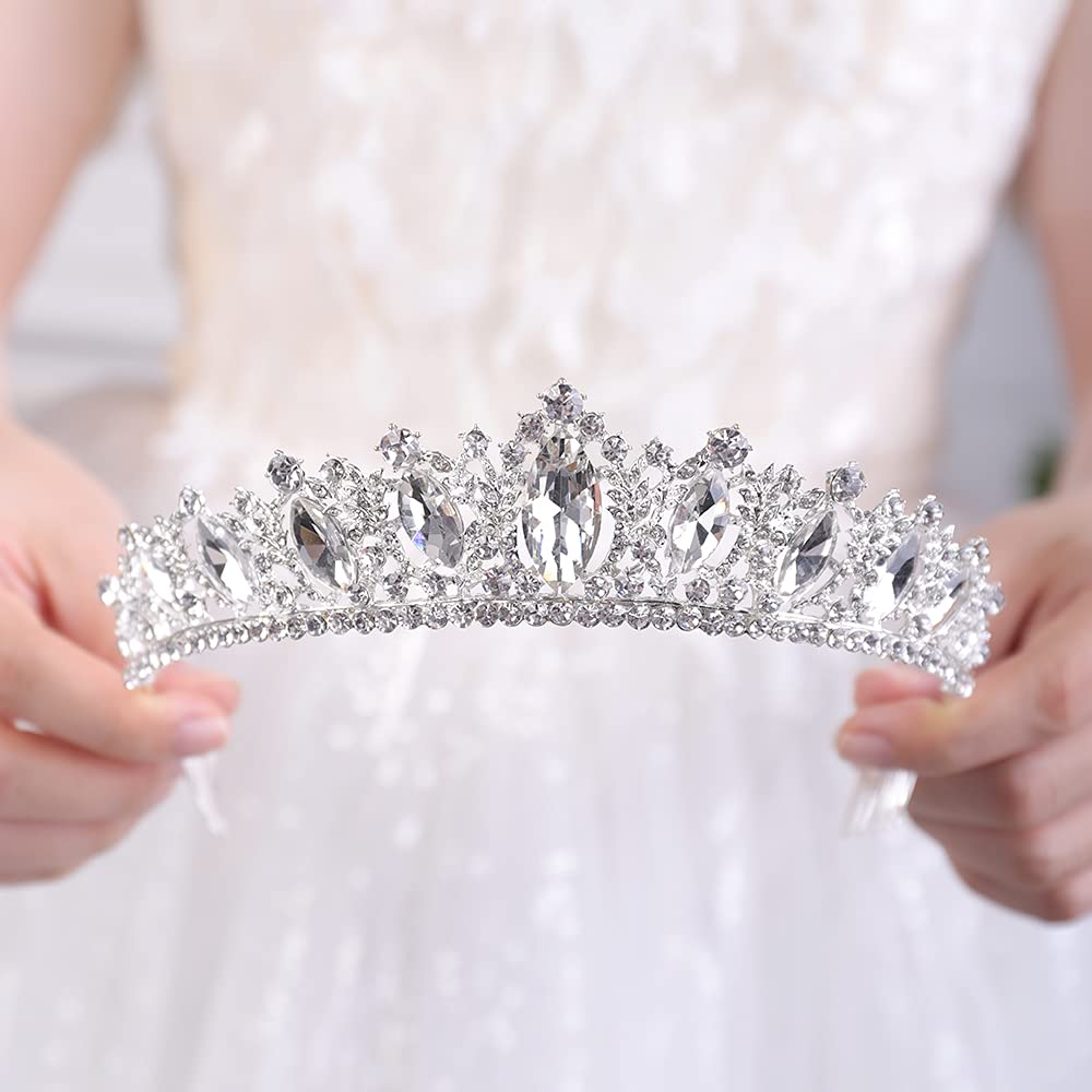 Lerjiaoor Crystal Tiara with Comb for Women Queen Crown Wedding Bridal Party (Silver)