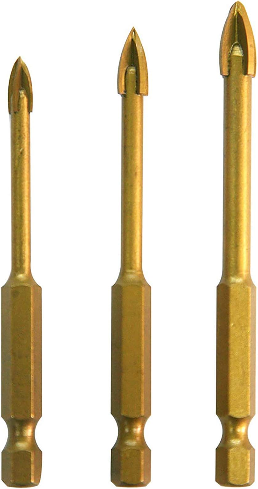 NORTOOLS 3-Piece Titanium Coated Cross Head Glass Drill Bit Set with Hex Shank 3/16" 1/4" 5/16"