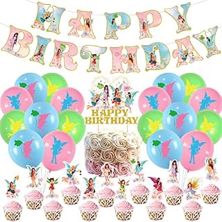 Fairy birthday party decoration supplies, fairy themed birthday party supplies include cupcake decoration, cake decoration, banners, balloons.