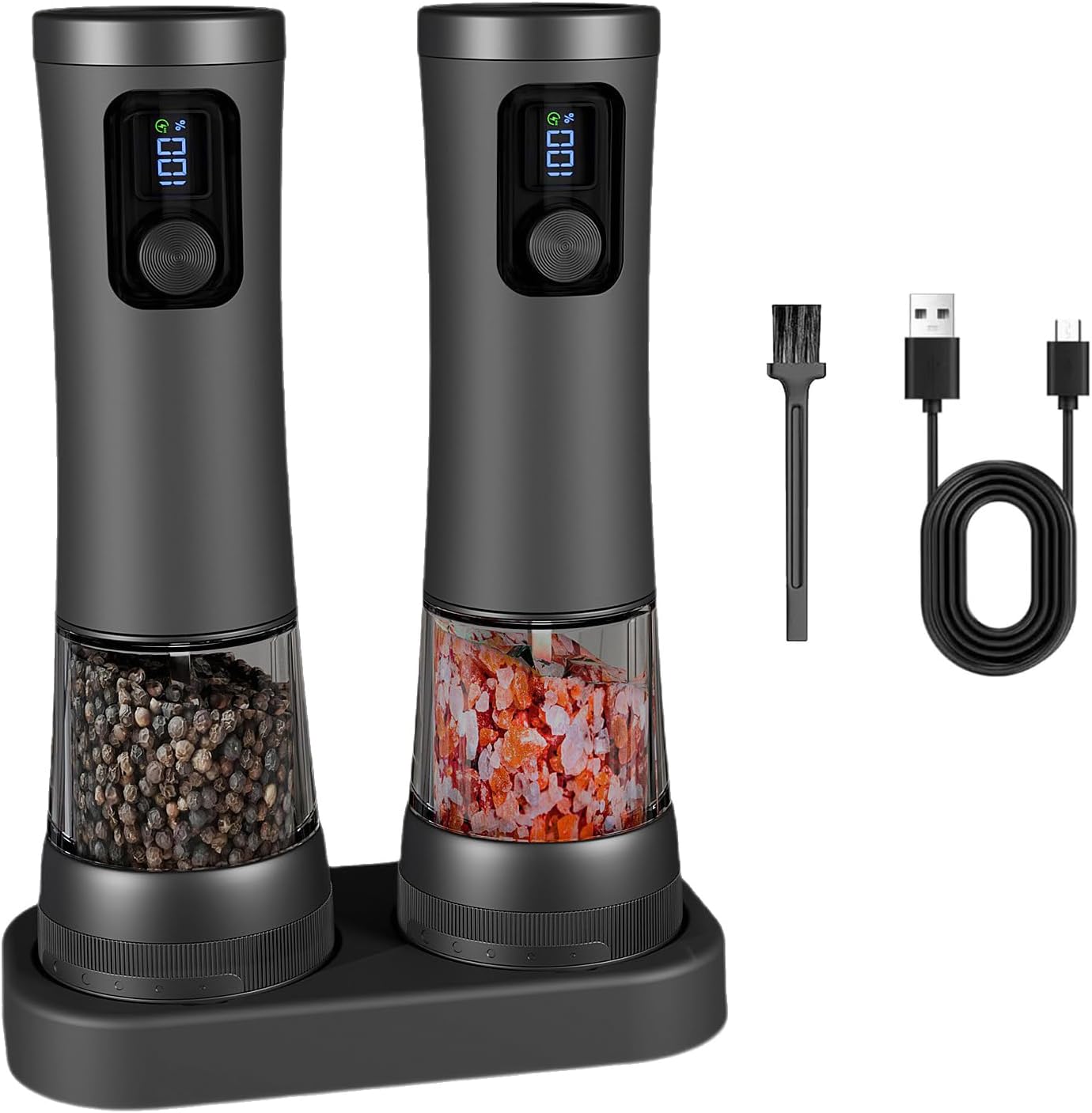 USB Rechargeable Electric Salt Pepper Grinders 100ml Capacity Nonrust Steel Adjustable Coarseness LED Display 2 Speed Mode Kitchen Tool Kitchen Tool Electric Pepper Grinders Set