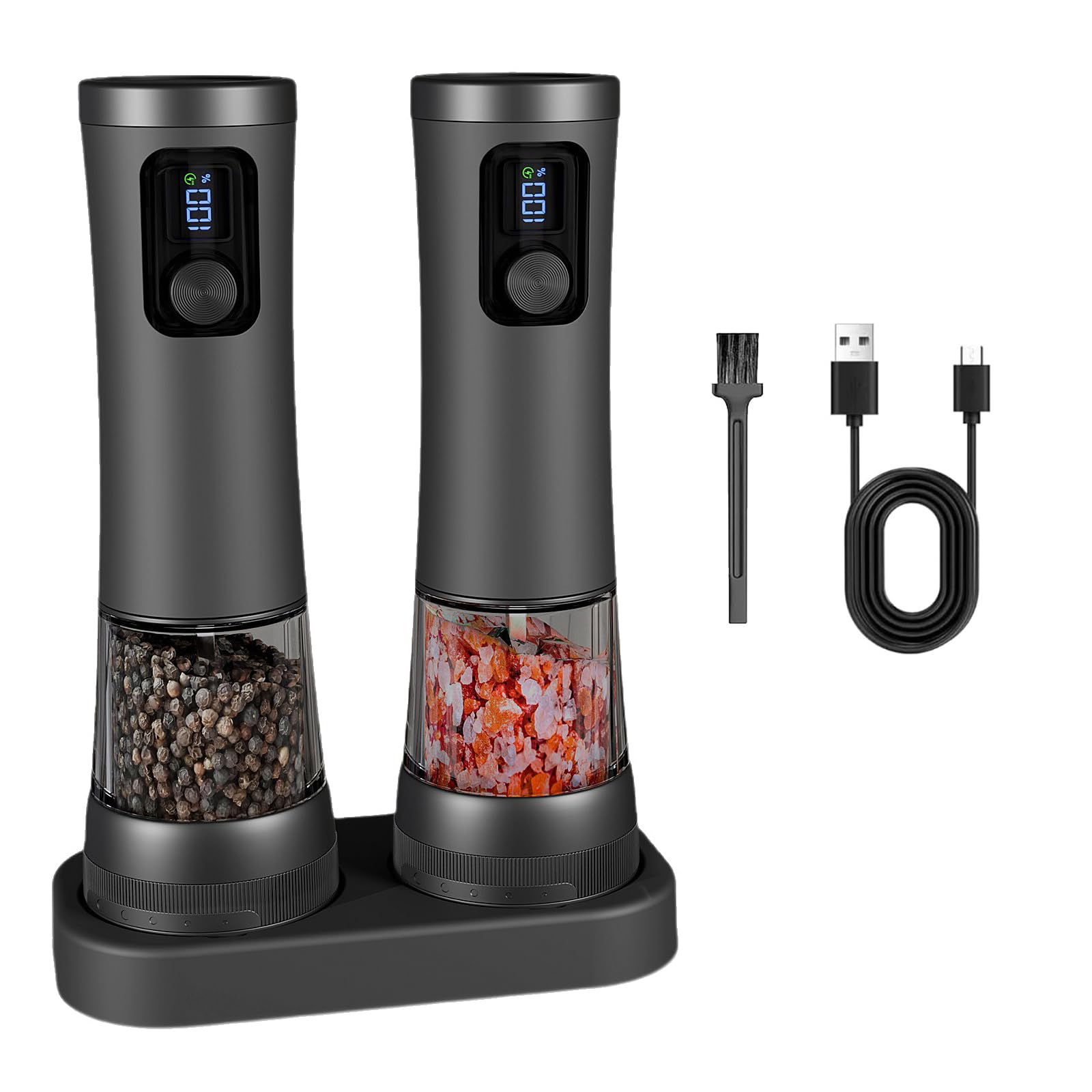 Juego de molinillos de especias eléctricos con estación de carga USB C, cubierta transparente de 100 ml e indicadores de funcionamiento LED, carga USB C molinillo de especias con indicador LED