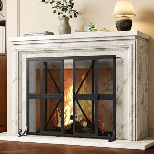 CHOEZON Fireplace Screen with Sliding Doors, Wrought Iron Mesh, 37.7"