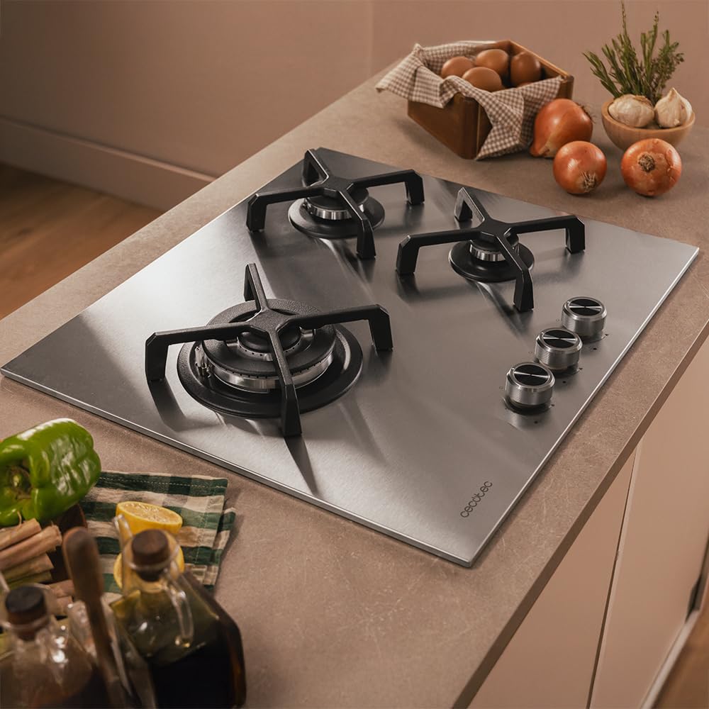 Cecotec Bolero Squad G 3400S Stainless Steel 3 Burner Gas Hob 6.2kW, Cast Iron Grills, WOK Triple Crown Burner, Electronic Ignition, Valve Safety, Gas Accessory - 3