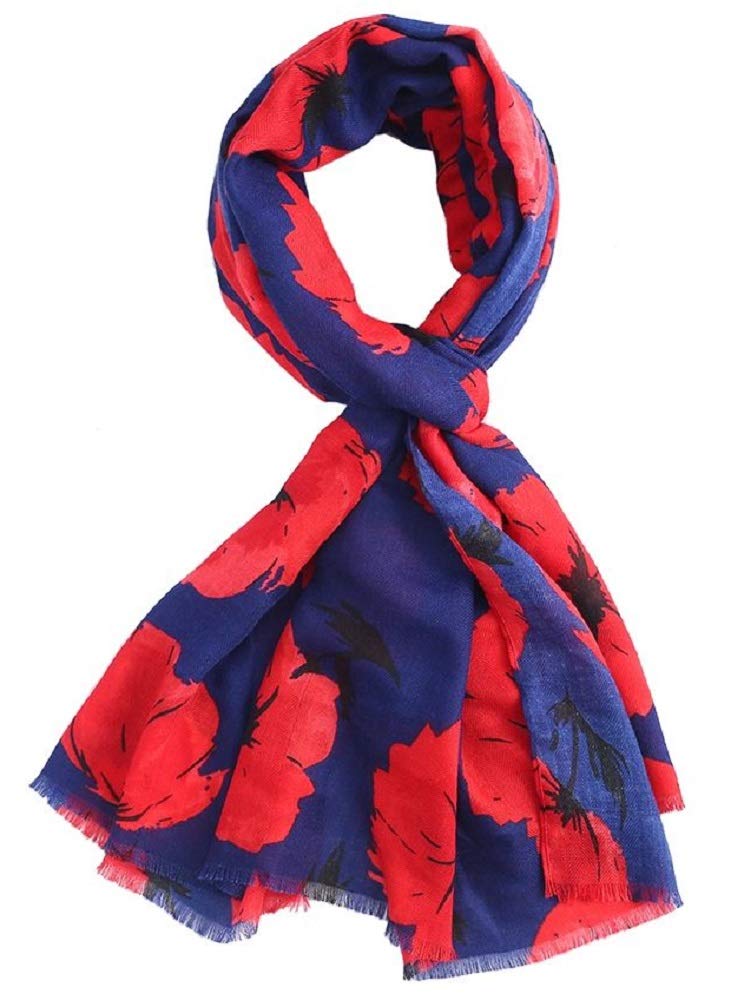 LilyRosa® Red Poppy Scarf Grey Navy Blue White Floral Ladies Scarves Wrap Shawl (Grey)