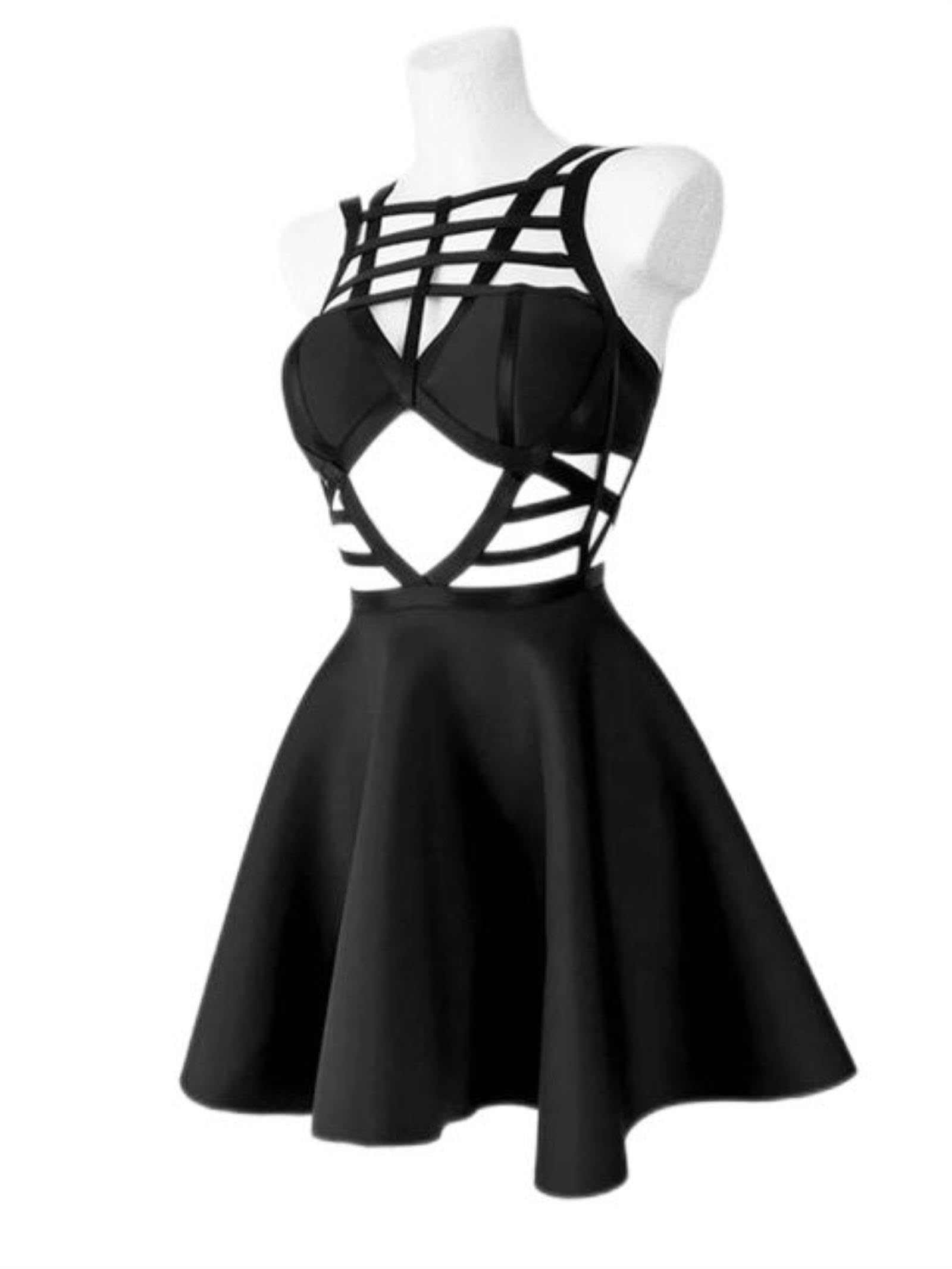 Gothic Hollow Out Korsett A-Linie Kleid Criss-Cross Retro Street Elf Girl Frauen Sexy Chic Reißverschluss Harajuku Fairy Grunge Kleid-Schwarz, L