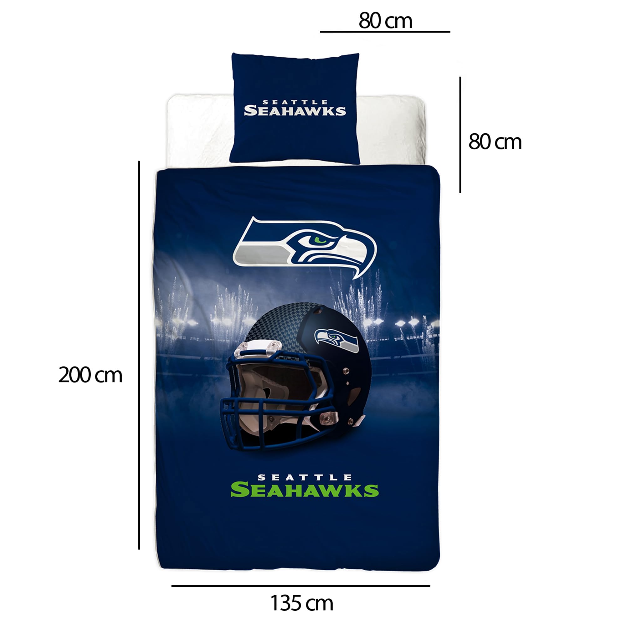 NFL Bettwäsche Seattle Seahawks 135 x 200 cm + 80 x 80 cm 100% Baumwolle Renforcé-Linon-Qualität Reißverschluss American Football Fan Super Bowl BOOM Lumen Field Blitz Wende-Bezug deutsche Größe