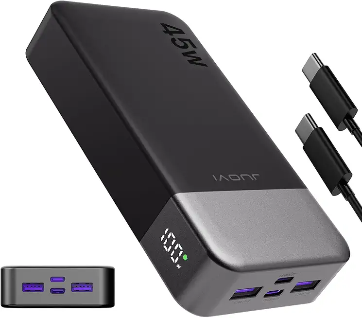 JUOVI Power Bank, 20000mAh 45W Tragbares Ladegerät, PD3.0 QC4.0 Schnelles Laden 4-Port mit LED Anzeige, Akkupack Ladegerät tragbar für MacBook, iPhone 15 14 13 Pro Samsung S23 S22 (Schwarz)