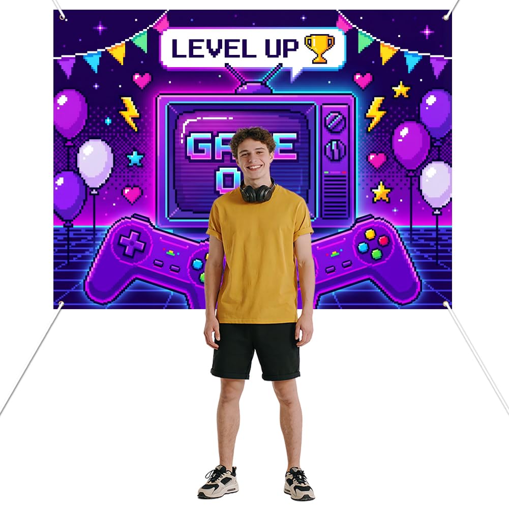 WADORN Video Games Decorations Backdrop, 4.9x6.6Ft Game Level Up Theme Party Banner Backdrops Gaming Neon Pixel Photography Background Photo Booth Props for Birthday Party Decors Supplies — image 1