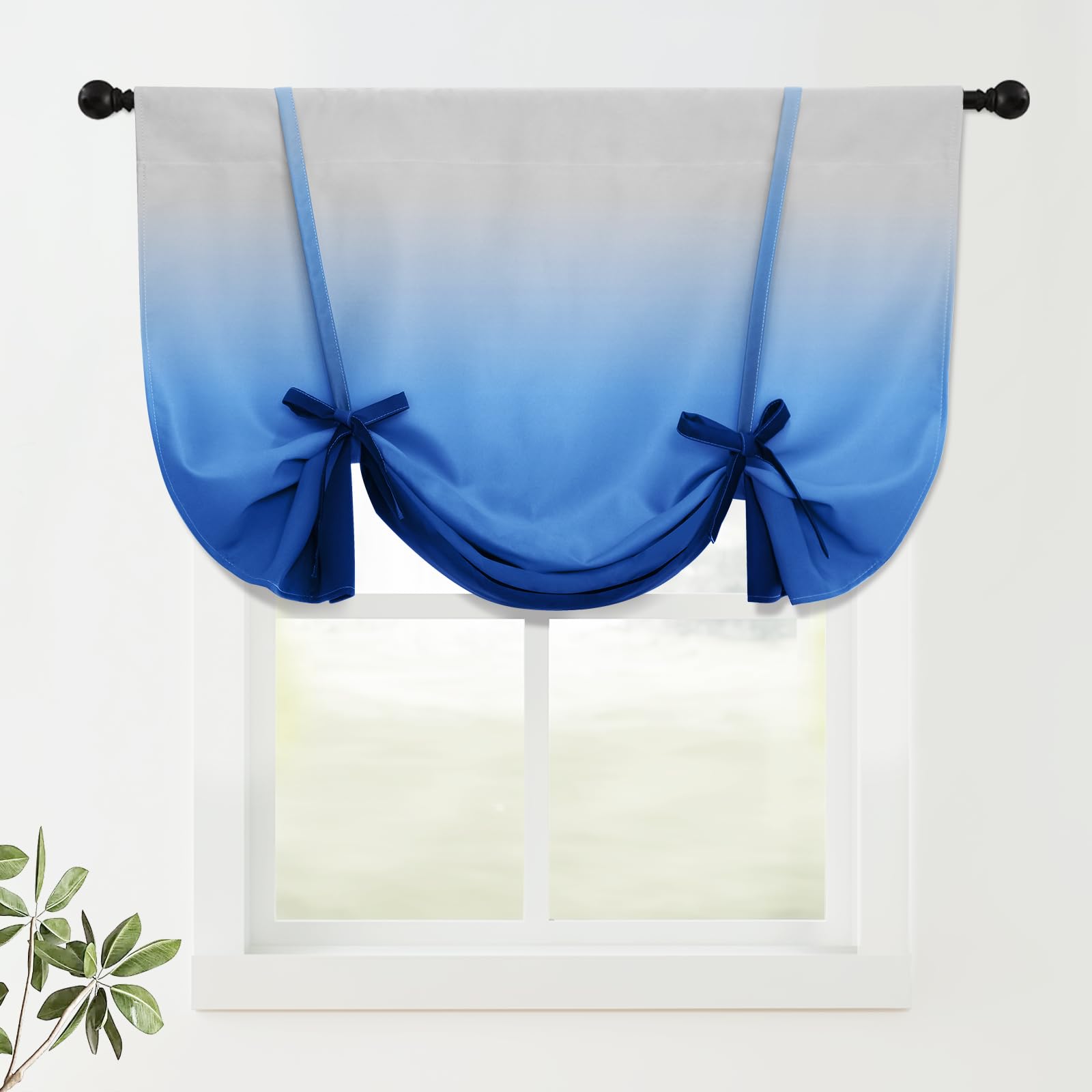 COSVIYA 100% Blackout Ombre Blue Adjustable Tie Up Curtains for Kitchen Thermal Insulated Room Darkening Valance Rod Pocket Balloon Roman Shade for Small Window,48" L x 42" W, 1 Panel