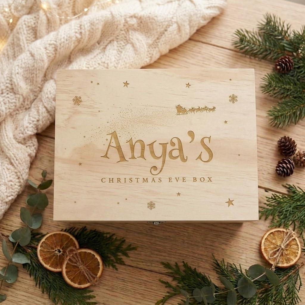Caja personalizada de Santa Leigh para Nochebuena | Nombre personalizado | Caja de madera de pino con bisagras de metal y cierre | Regalo de Nochebuena | 30 cm de ancho x