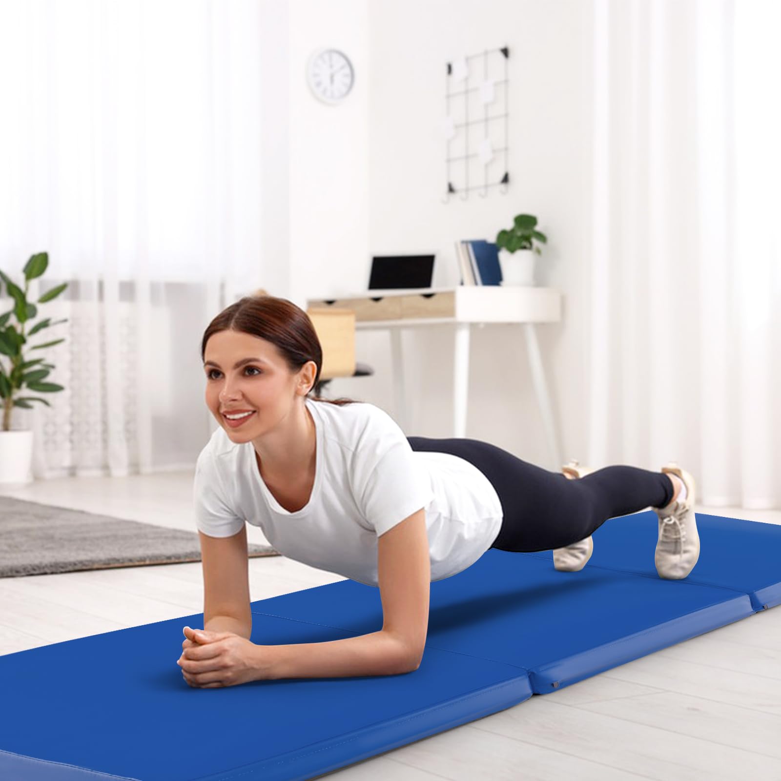 GYMAX Tapis de Gymnastique Épais Pliable 180x60x5cm, Combinaisonable avec Attache Auto-Agrippante, Housse en Simili Cuir, Portable avec Poignées de Transport, pour Yoga, Fitness, Étirement