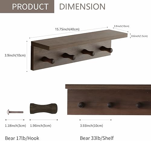 Perchero de entrada con estante, estante flotante de madera resistente con ganchos, organizador de pared con 4 ganchos siutables para entrada,