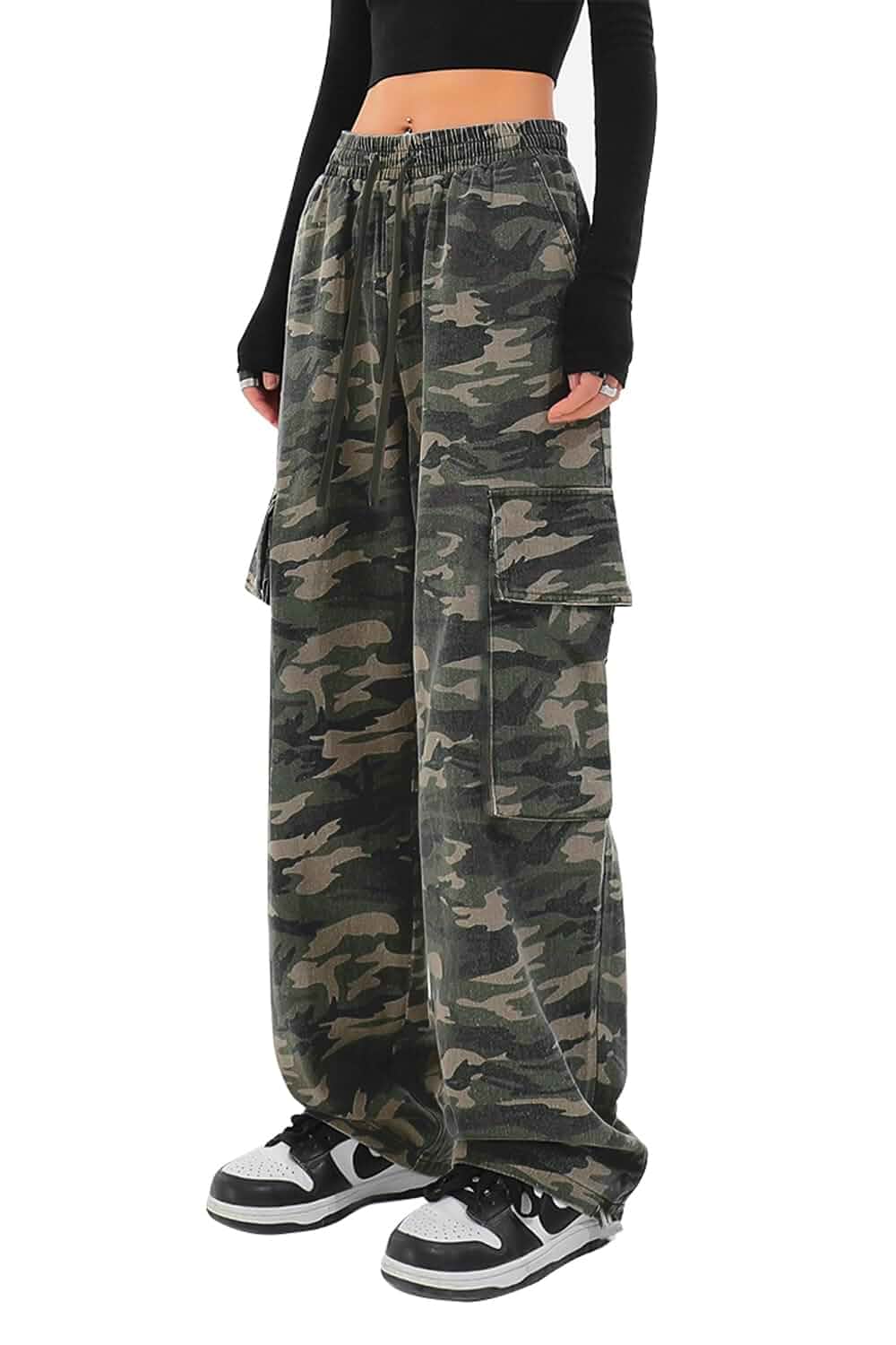 SESERAGI Cargo Pants Women Baggy Streetwear Y2K Drawstring Wide Leg Pants | Camo Camouflage Pants 100% Cotton 6 Pockets