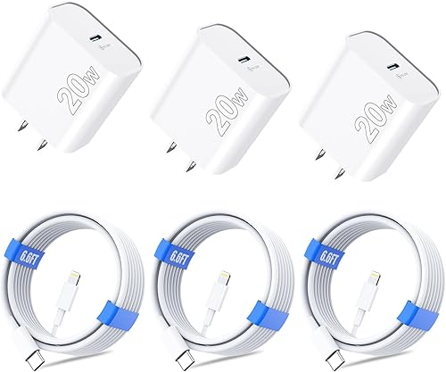 Cargador de carga rápida para iPhone 14, 13, 12, 11 certificado MFi, paquete de 3 cargadores de pared PD de 20 W PD USB C con cable Lightning de 6.6