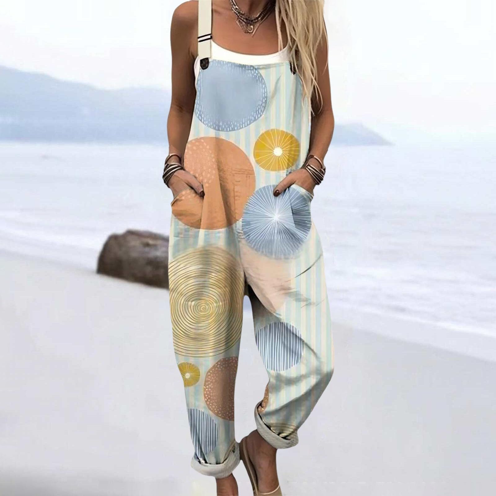 Salopette Donna Estiva Casual Lunga Elegante in Lino Tuta Jumpsuit Intera Curvy Moda Stampa Jumpsuits Comoda Larga Pantaloni Da Lavoro Con Tasca Leggera Baggy Salopettes da Spiaggia