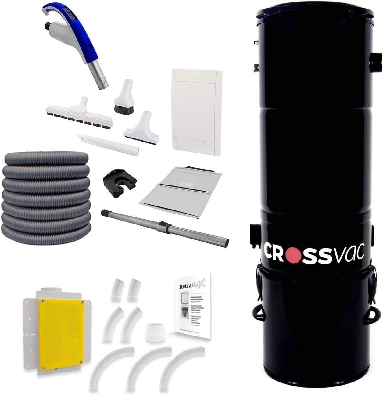 CrossVac Central Vacuum Cleaner Set Retraflex Medium with CrossVac Central Vacuum Cleaner 2750 9.1 m Retraflex Hose Insert System Installation Kit for Retraflex Vacuum Pipes and Installation Materials