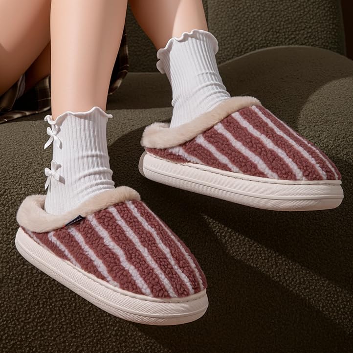 Women’s Striped Plush Indoor Slippers, Closed Toe House Shoes with Soft Lining & Non-Slip Sole for Fall Winter4