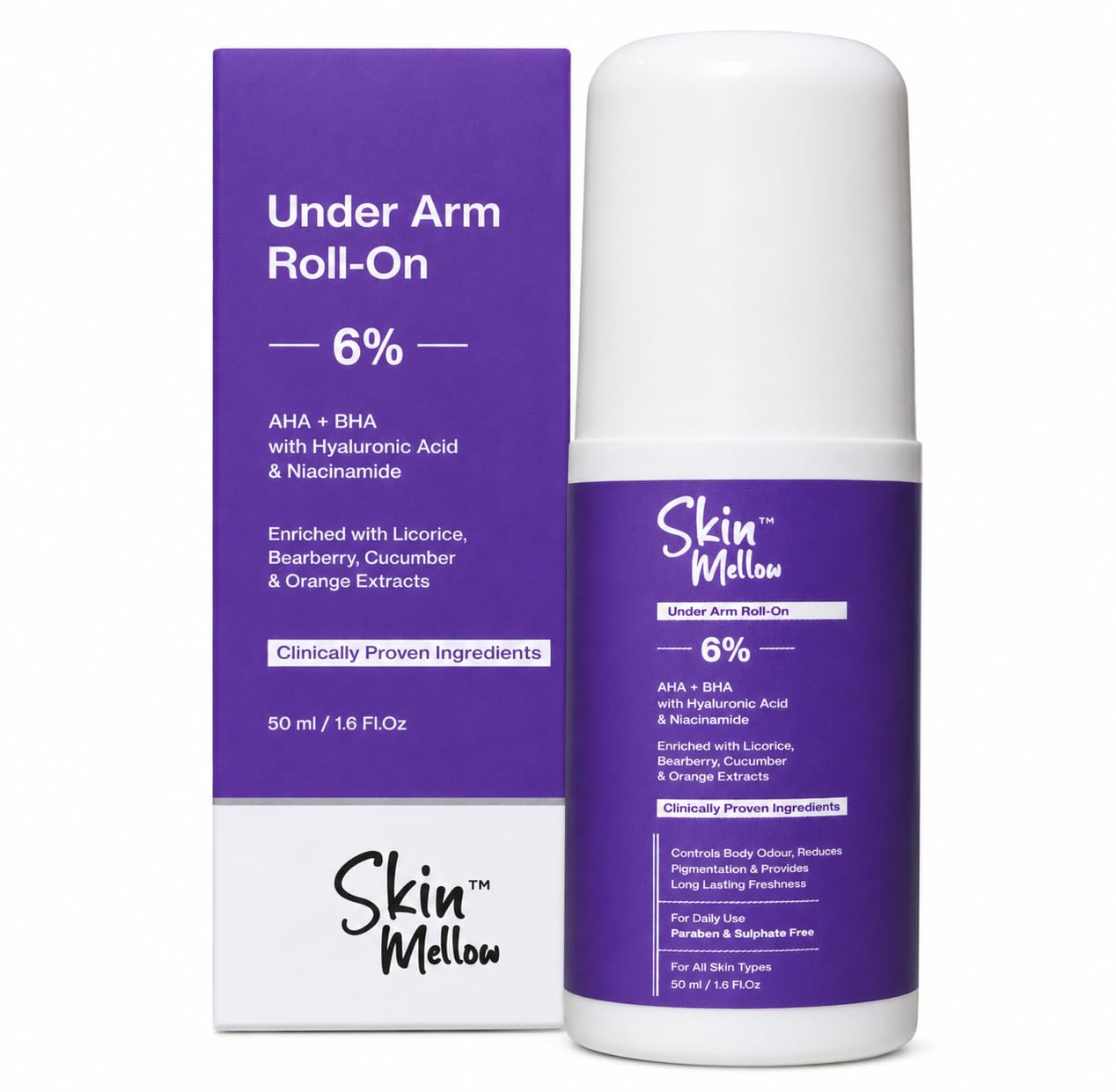 Skin Mellow 6% AHA BHA Underarm Roll-On | With Hyaluronic Acid & Niacinamide | Controls Odour, Reduces Pigmentation & Brightens Skin | Alcohol, Paraben & Sulphate Free | For Women & Men | 50ml-image-43