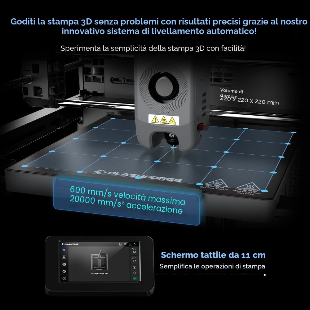 FLASHFORGE, Adventurer 5M, stampante 3D, 600 mm/s alta velocità, livellamento automatico 1 clic, estrusore diretto, ugello rimovibile 280 °C, piastra rivestimento PEI, stampa 220 mm x 220 mm x 220 mm