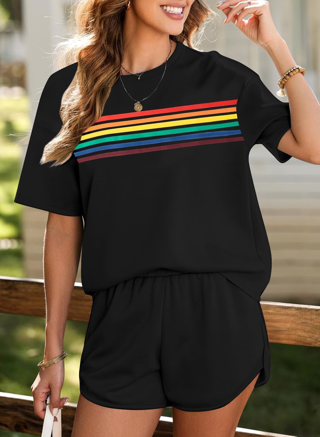 MYHALF Womens 2 Piece Short Sets Summer Outfits Rainbow Stripes Shirts 2025 Two Piece Lounge Set Matching Shorts - Image 2