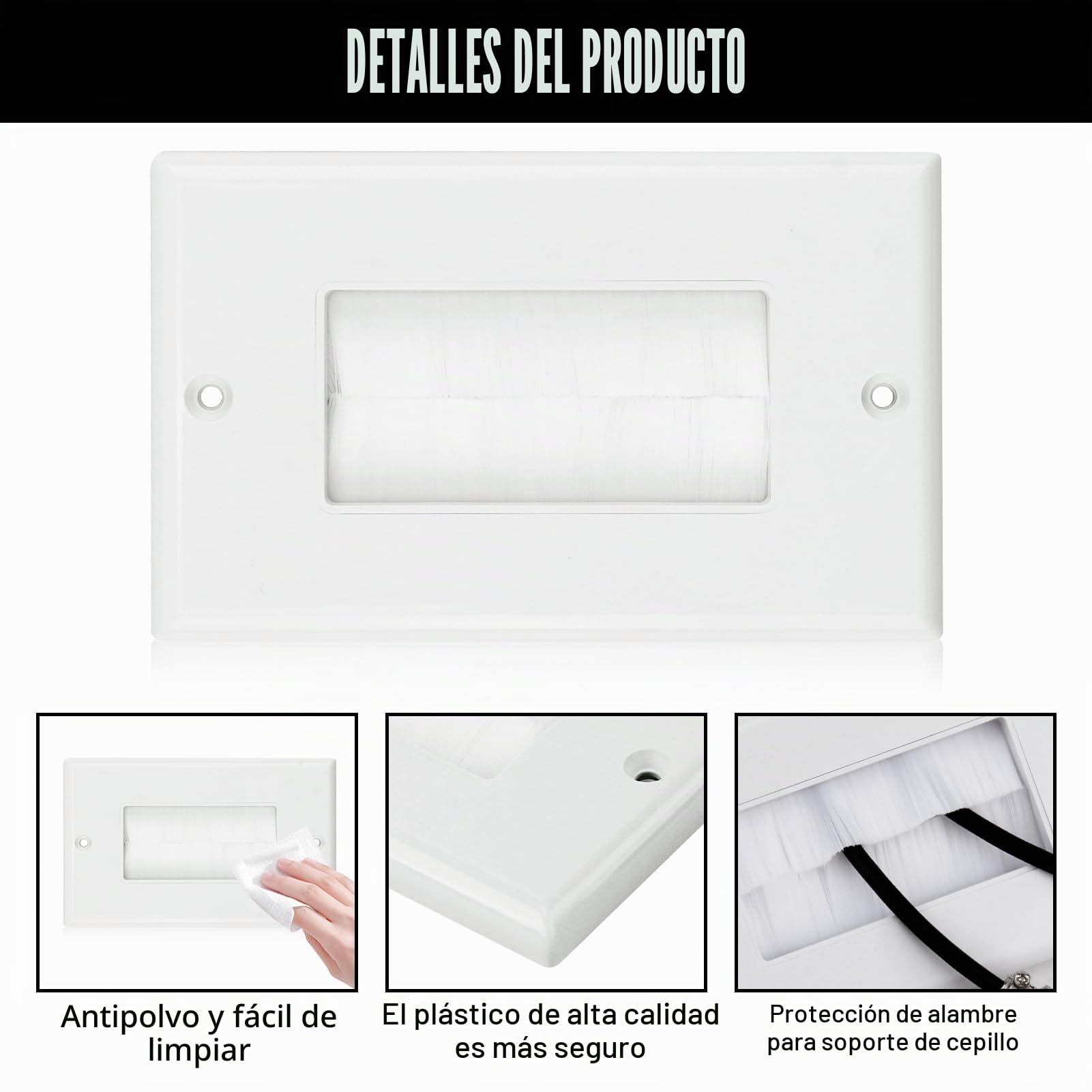 2 Piezas Placas de Pared con Cepillo para Pasacables, Cubierta Empotrable para Ocultar Cables de Electrodomésticos y Equipos Electrónicos, Placa Frontal Para Cable Salida Pared Salida