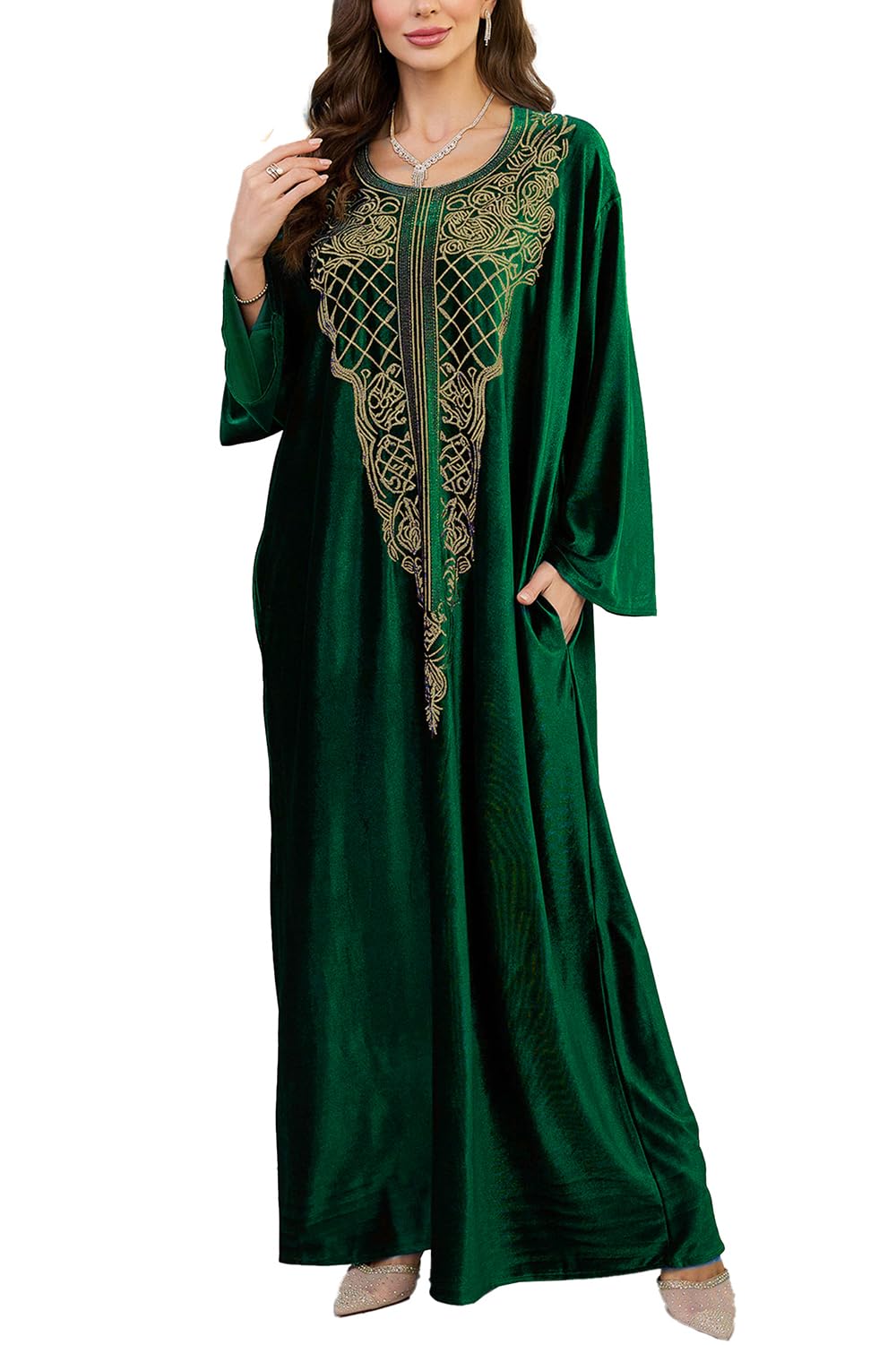Kawai Peach Women's Caftan Green Embroidered L-Peach Floral Embroidery Kimono Long Dress Maxi Kaftan Summer Beach Boho Cover Up Tops