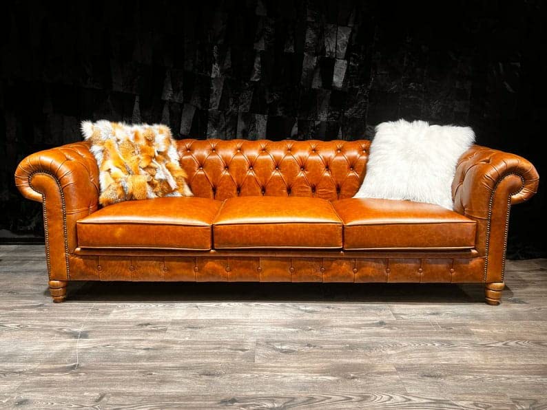 Antique Wood Hub - 3 Seater Leatherette Luxary Sofa for Living Room and Your Loving Spaces (Tan Brown)
