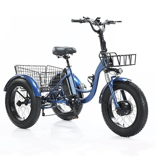 20" Electric Power-Assisted Pedal Tricycle,All Terrain Fat Tires,with 2 Cargo Basket,Adjustable Seat,Headlight,Electric Power Tricycle for Adult 200 kg Blue