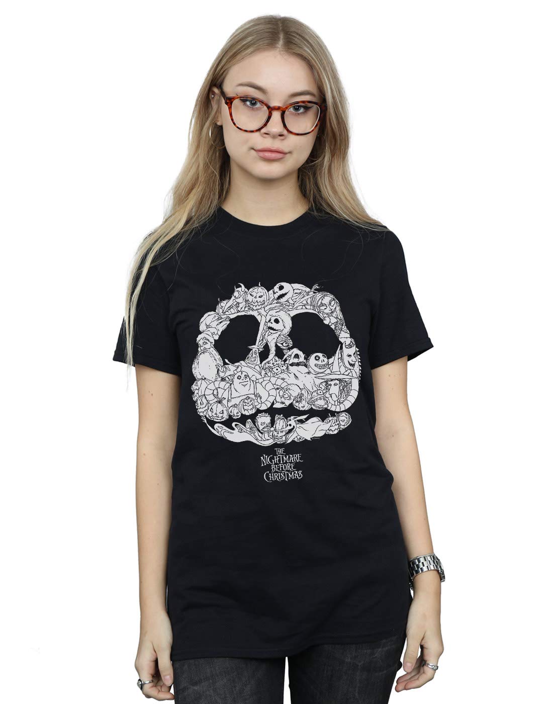 Absolute Cult Women's Black Disney Nightmare Before Christmas Jack Skellington Jack-O-Lanterns Boyfriend Fit T-Shirt Small