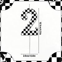 Vista 2 de Vela de cumpleaños con temática de autos de carreras, velas con número de bandera a cuadros, velas blancas y negras, decoración de pastel de feliz