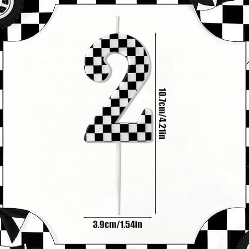 Miniatura 2 de Vela de cumpleaños con temática de autos de carreras, velas con número de bandera a cuadros, velas blancas y negras, decoración de pastel de feliz