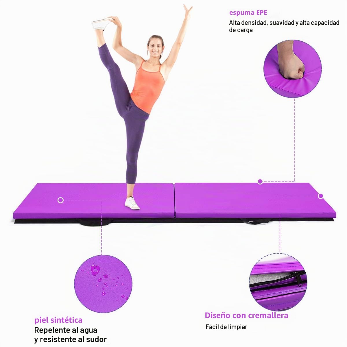 GYMAX Esterilla de Entrenamiento Plegable, 180 x 60 x 4 cm, con Asa, Esterilla de Fitness, Alfombrilla de Suelo Blando con Superficie de Poliuretano y Espuma, para Gimnasia, Yoga y Pilates (Púrpura)