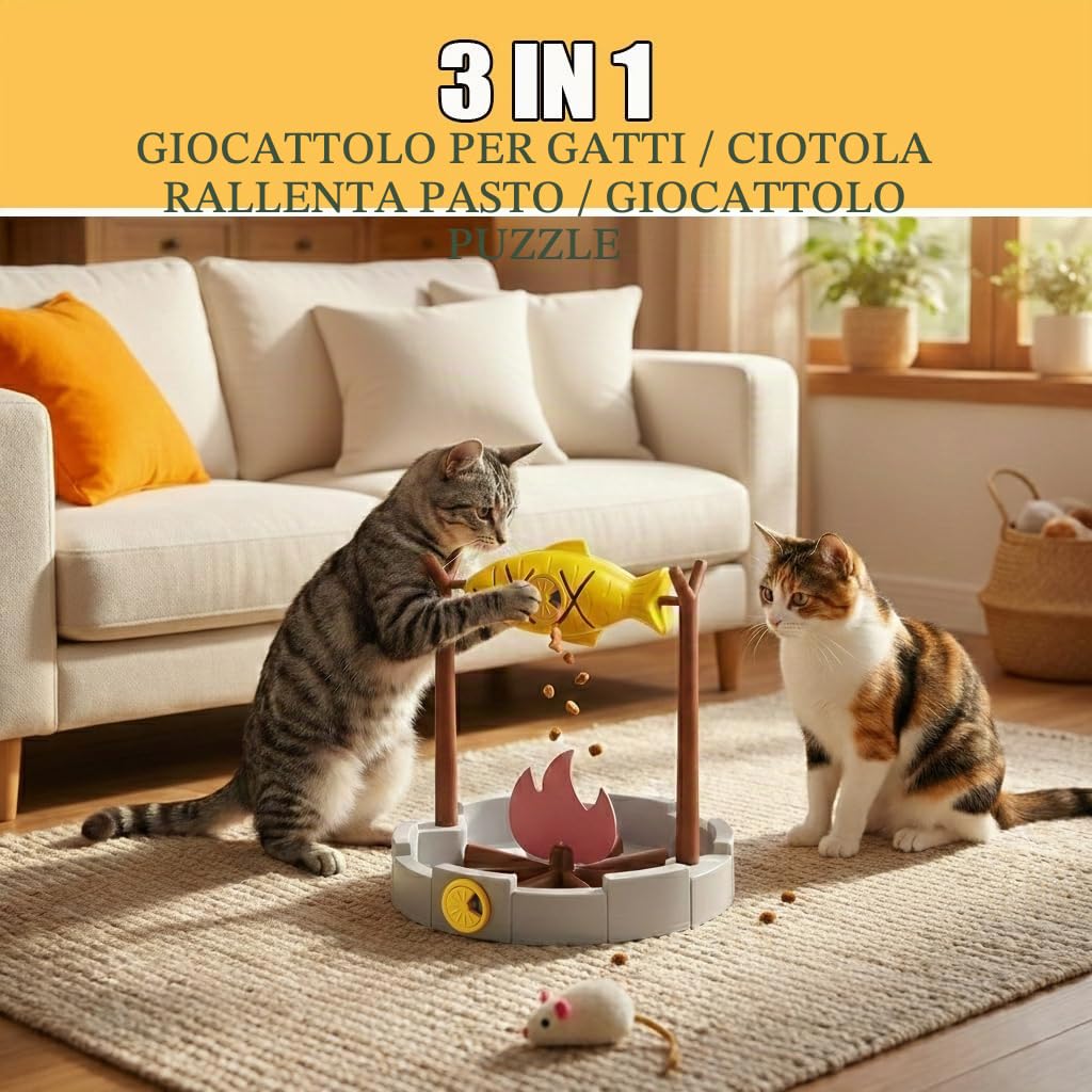 PetPals Dispenser di cibo secco per gatti, 28 cm di altezza, per cibo secco per gatti, ciotola per snack a alimentazione lenta, pesce alla griglia giocattolo per gatti