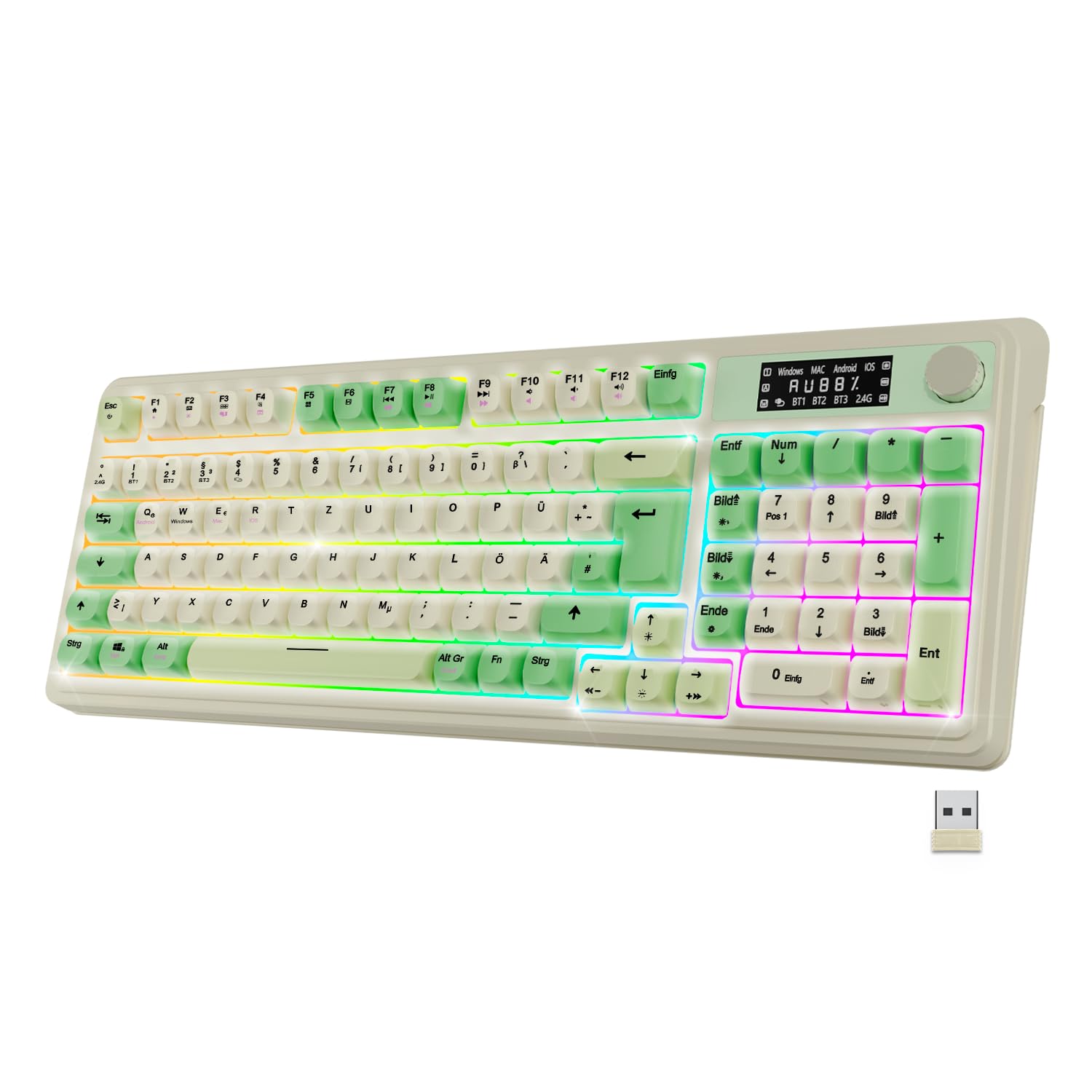 NEWWAY NK251 Kabellose Tastatur, wiederaufladbar, Layout QWERTZ, Triple Modi (WiFi 2,4 GHz, Bluetooth, USB-C) – Digitalanzeige – Multifunktionsrad – RGB – USB-Empfänger auf der Rückseite integriert