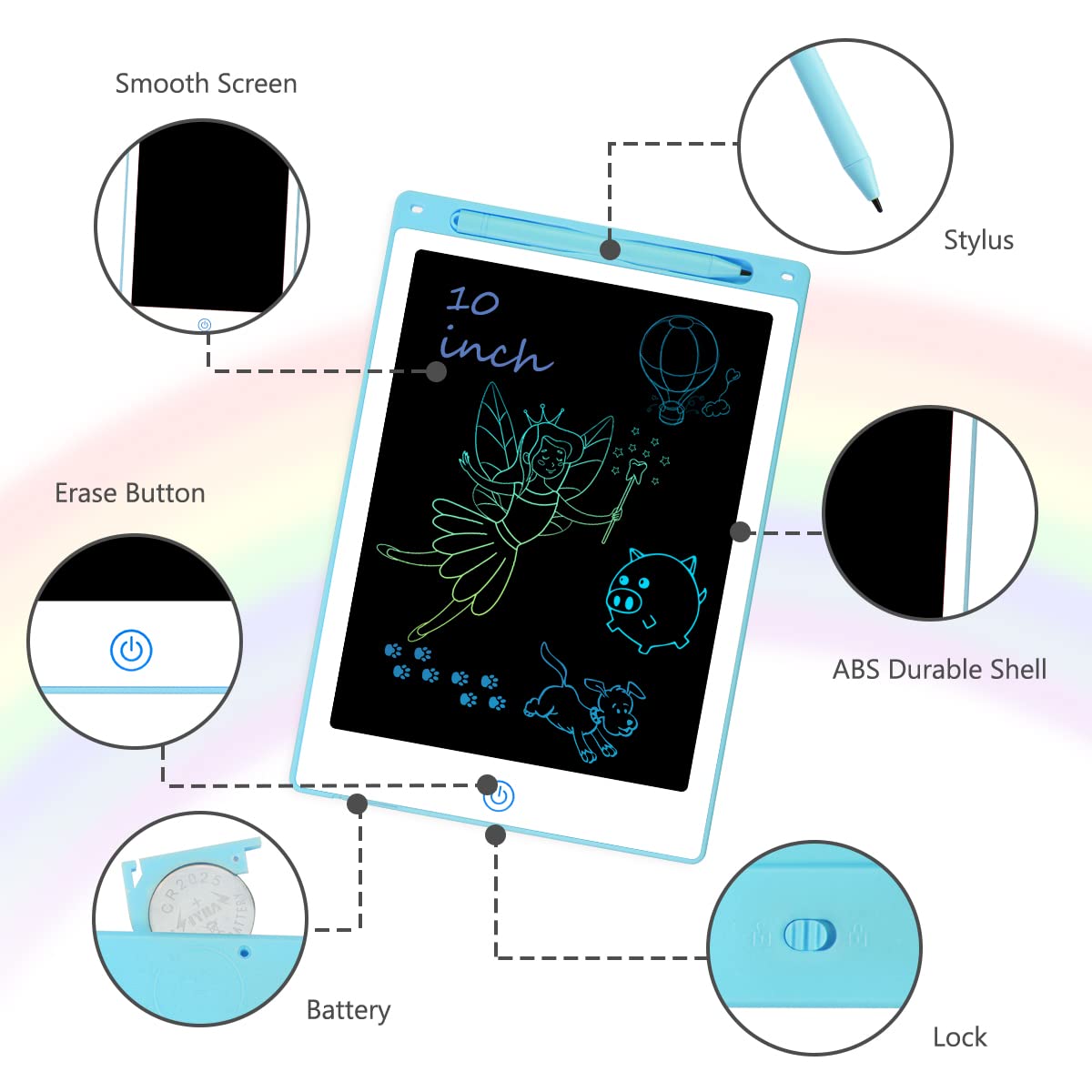 Vicloon Tavoletta Grafica LCD Scrittura, 10 Pollici Elettronica Tavoletta Grafica con Display Colorato, Cancellabile Lavagna Portatile da Disegno per Bambini con Penna e Interruttore di Blocco, Blu