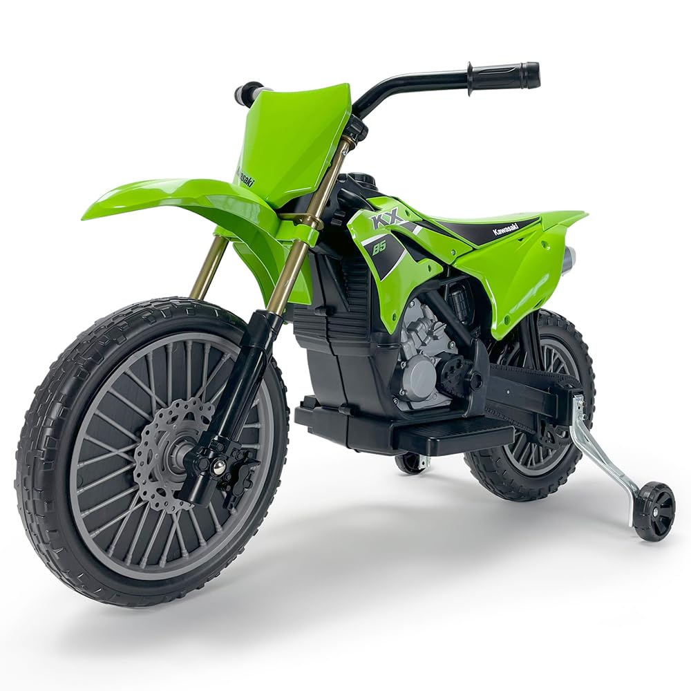 Elektro Motorrad Kinder 3-6 Jahre Kawasaki 12V Offiziell Lizenziert + Fußpedal + Automatische Bremse + Stützräder + Motocross Design | INJUSA