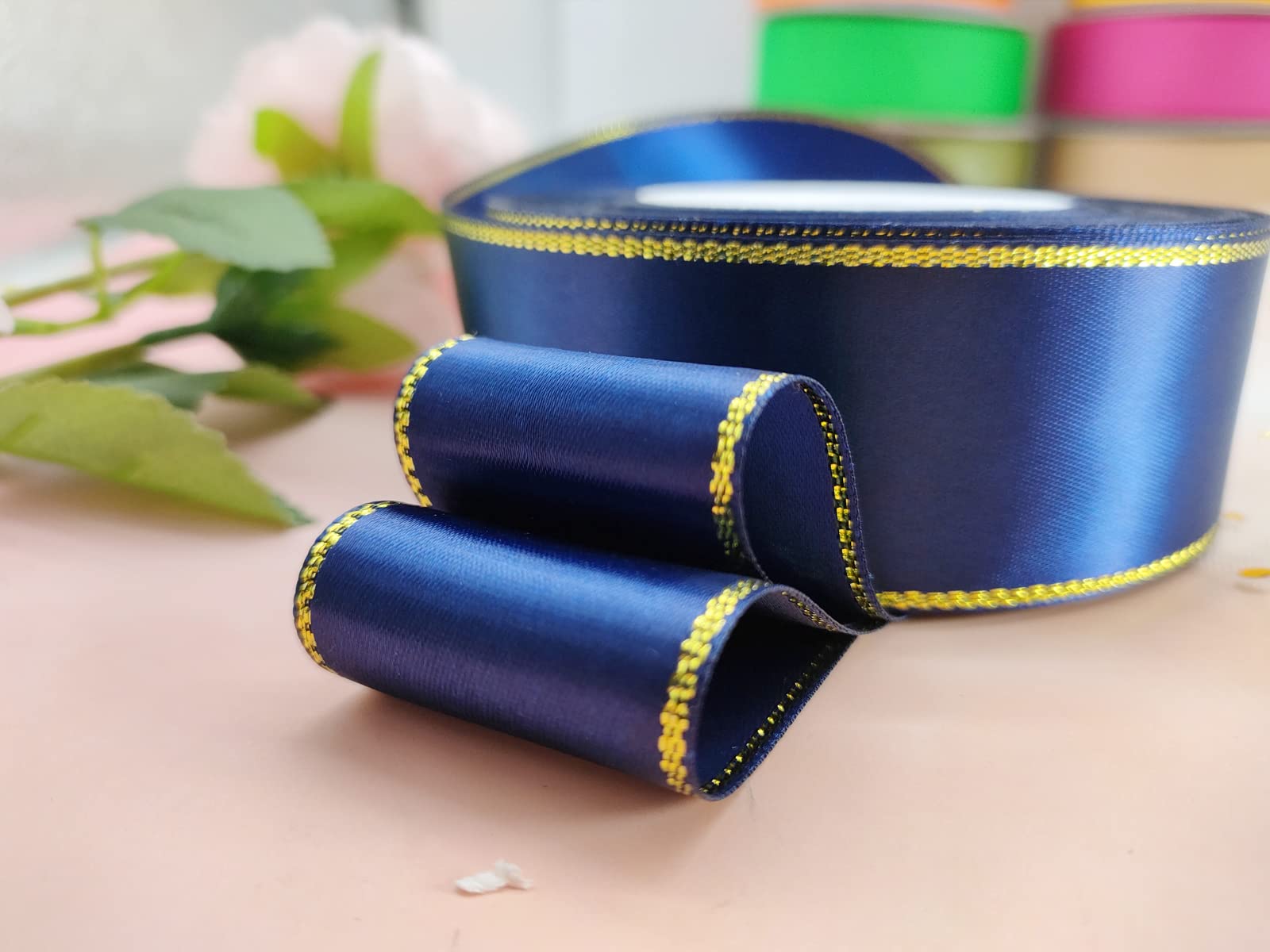 1-1/2 inch Navy Blue Satin Ribbon Roll with Golden Edge-25 Yards Glitter Wide Continuous Double Faced Boutique Ribbon for Gift Wrapping-DIY Crafts-Sparkly Party-Wedding-Baby Shower Decoration