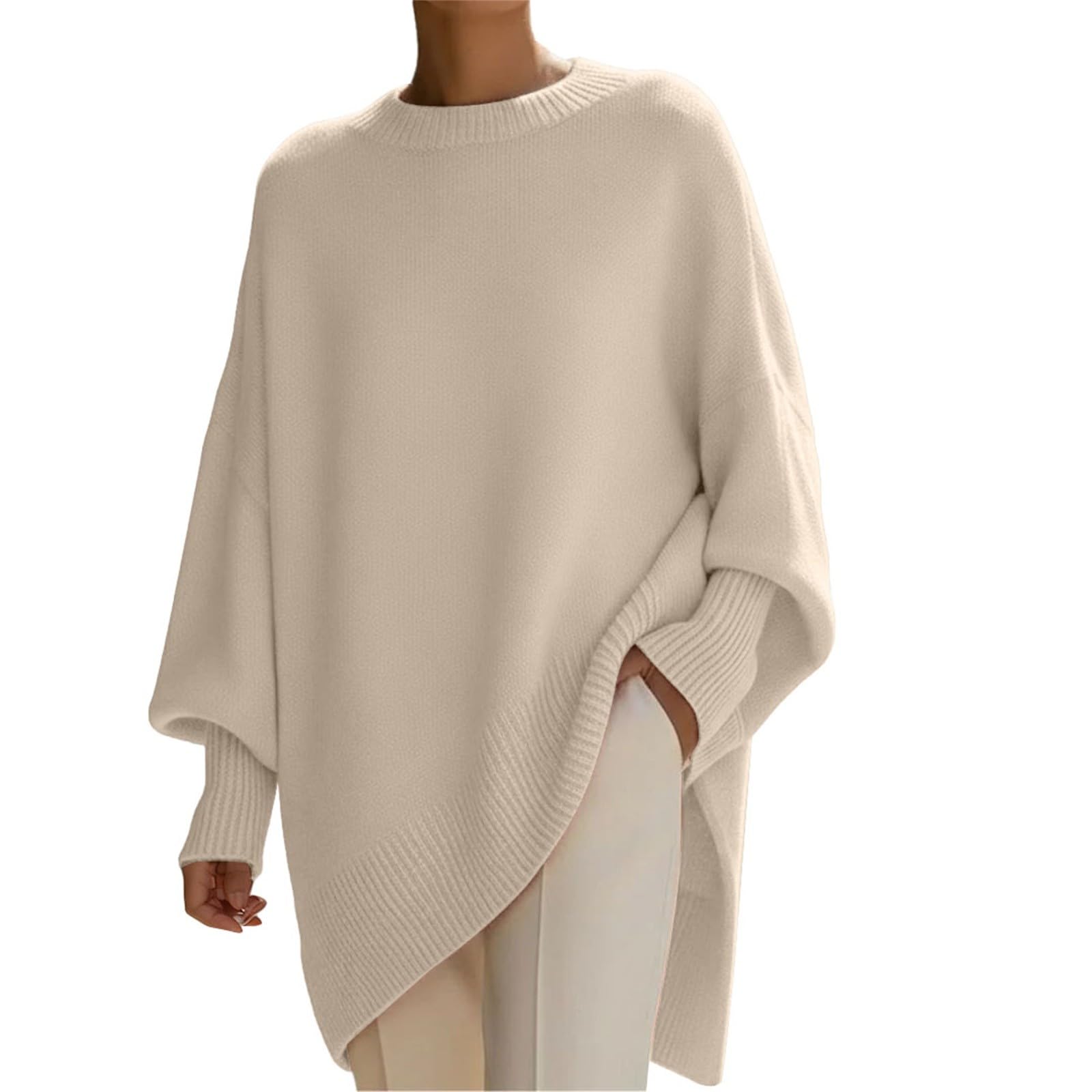 Womens Oversized Batwing Sweaters Cozy Long Sleeve Crew Neck Dressy Casual Elegant Knit Poncho Pullover Sweater Tops