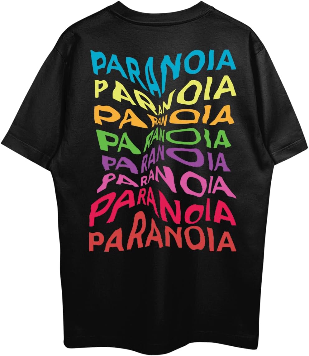 THREADCURRYPsychedelic & Techno Music Paranoia Oversized Printed T-Shirt for Men | Half Sleeves Baggy T Shirts | Drop Shoulder Cotton Loose Tee for Men
