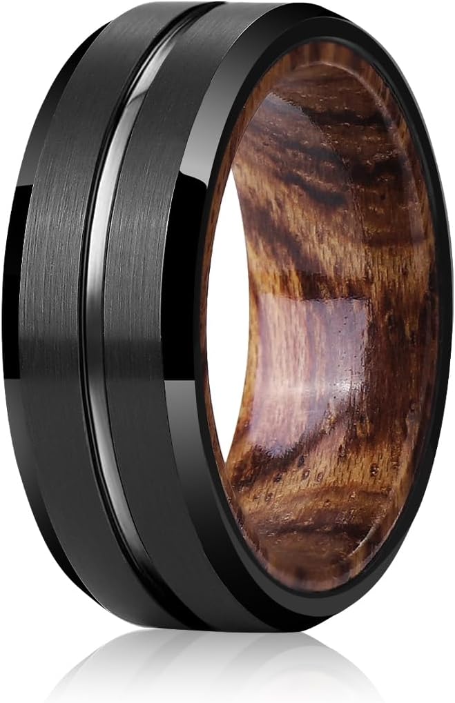 Mens Wedding Band Tungsten Rings: 8mm Black Tungsten Rings for Men Wood Wedding Ring Band for Man - Silver Ring for Men Wedding Bands for Women Wood Promise Rings for Him