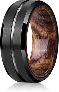Mens Wedding Band Tungsten Rings: 8mm Black Tungsten Rings for Men Wood Wedding Ring Band for Man - Silver Ring for Men Wedding Bands for Women Wood Promise Rings for Him
