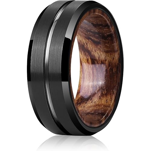 Mens Wedding Band Tungsten Rings: 8mm Black Tungsten Rings for Men Wood Wedding Ring Band for Man - Silver Ring for Men Wedding Bands for Women Wood Promise Rings for Him