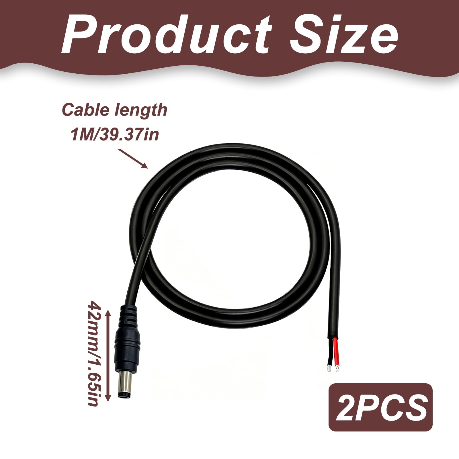 2 Stück 1 m Gleichstrom Pigtail Kabel 18 AWG, DC 5.5mm x 2.1mm Stecker auf Bare Wire für 12V 24V Niederspannung, Reparatur Verlängerungskabel für CCTV Kamera DVR LED Streifen Netzteil Anschluss