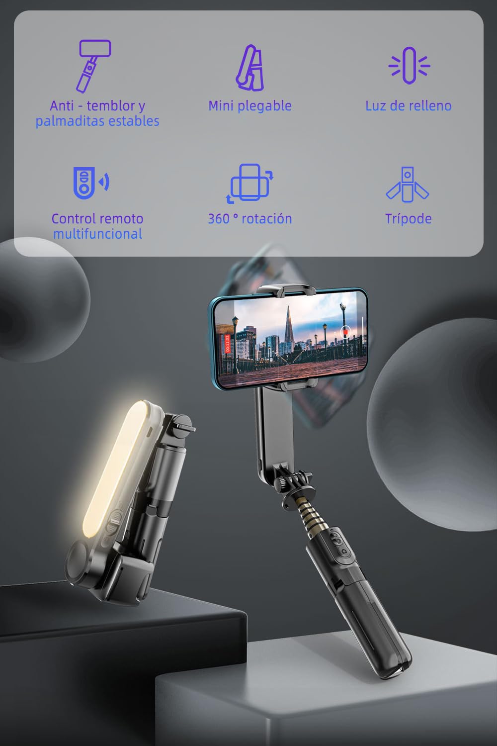 Estabilizador de Movil, Estabilizador de Cardán con Luz de Relleno para Video de Vlog/Youtube/TikTok con Inalámbrico rotación automática de 360°,para Android y iOS